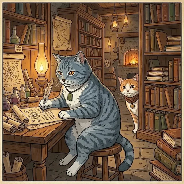 シマギが羽ペンで原稿を書き、トトが棚の向こうから覗いている書斎の風景