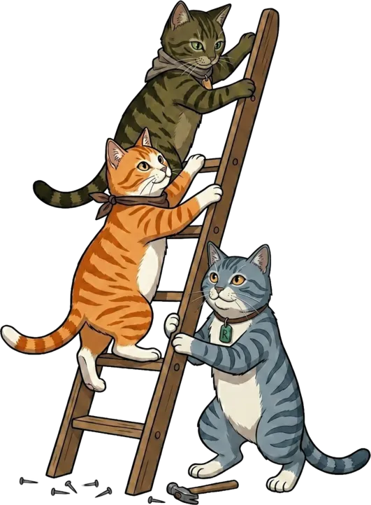 猫スタッフ3匹がはしごを使ってプレオープン看板を設置中